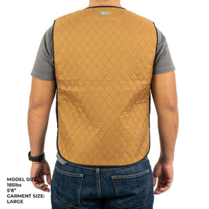 Back view of a person wearing a tan quilted Mobile Cooling vest over a grey t-shirt