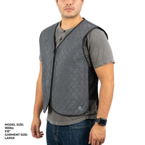 Mobile Cooling quilted grey vest on a model wearing a grey t-shirt and jeans
