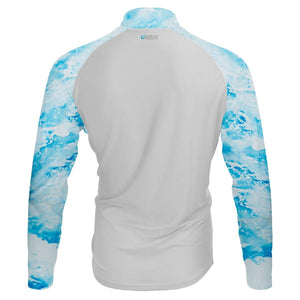 Back view of Mobile Cooling long sleeve quarter zip shirt with white mesh back and blue water pattern sleeves
