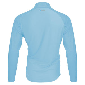 Back view of a light blue Mobile Cooling long sleeve quarter zip shirt