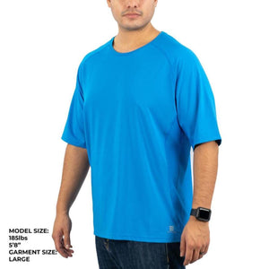 Man wearing a blue short sleeve crew neck athletic shirt