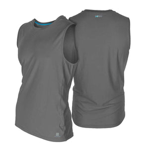 Fieldsheer grey sleeveless cooling shirt shown from front and back views