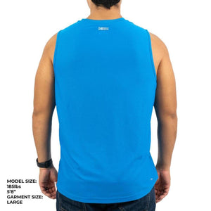 Back view of a person wearing a bright blue sleeveless athletic shirt