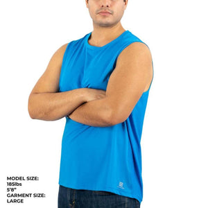 Model wearing a blue Mobile Cooling sleeveless shirt in size large