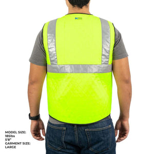 Back view of a person wearing a neon yellow Mobile Cooling high visibility safety vest with reflective strips