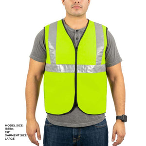 Mobile Cooling high visibility yellow safety vest with reflective strips on a model