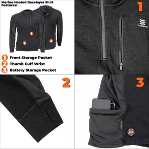 Mobile Warming Merino heated baselayer shirt features including front pocket thumb cuff and battery storage