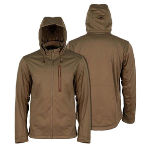 Mobile Warming brown hooded softshell jacket shown from front and back views