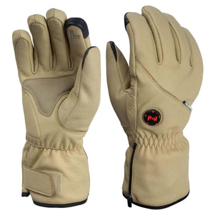 Mobile Warming tan leather heated gloves with wrist adjustment straps and power button