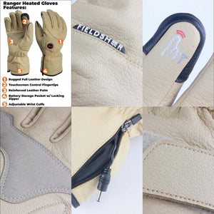 Mobile Warming Ranger heated leather gloves feature list and close up details of battery pocket and touchscreen tips