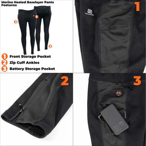 Mobile Warming Merino heated baselayer pants showing front pocket zip cuff ankles and battery storage pocket