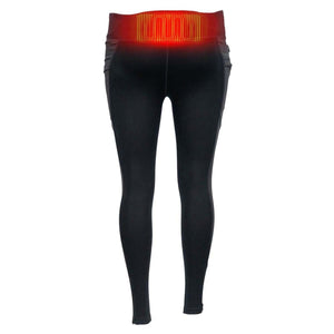 Mobile Warming black heated leggings with glowing red lumbar heating element