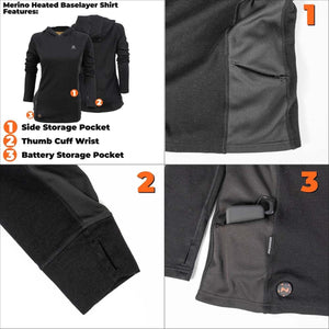 Fieldsheer merino heated baselayer shirt showing side pocket thumb cuff and battery storage pocket features