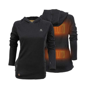 Mobile Warming black hooded long sleeve shirt with glowing orange heating elements on the back