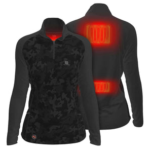 Fieldsheer black camo quarter zip heated jacket showing front and back heating elements