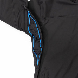Mobile Warming black jacket with open blue zippered underarm ventilation