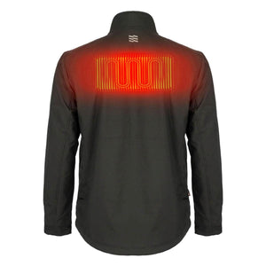 Back view of black Mobile Warming heated jacket showing red heating element graphic