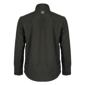 Back view of black Mobile Warming softshell jacket with brand logo on collar
