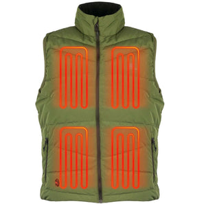 Mobile Warming olive green heated vest with four glowing red heating element zones