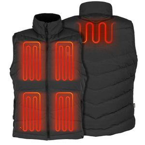 Mobile Warming black heated vest showing front and back heating element zones