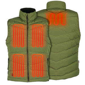 Mobile Warming olive green heated vest showing front and back heating elements