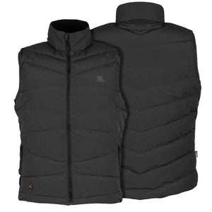 Mobile Warming black quilted puffer vest showing front and back views