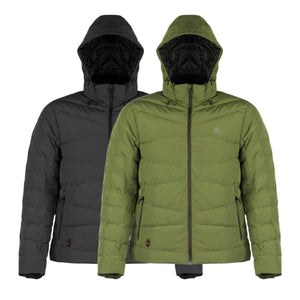 Mobile Warming hooded puffer jackets in black and olive green