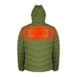 Back view of olive green Mobile Warming hooded jacket with glowing red heating element graphic on upper back