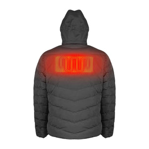 Mobile Warming black hooded puffer jacket with back heating element graphic