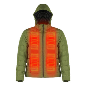 Mobile Warming olive green hooded jacket with visible internal heating elements on chest and neck