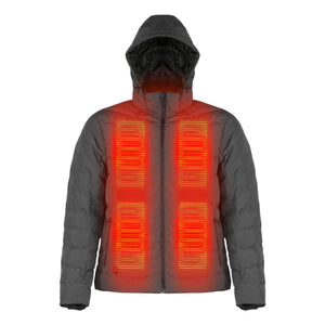 Dark grey hooded puffer jacket with glowing red heating elements on the chest