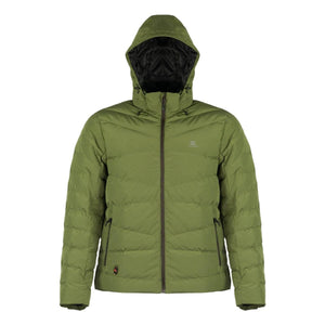 Mobile Warming olive green hooded puffer jacket with front zipper and side pockets