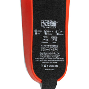 Mobile Warming battery pack with heat setting indicators and care instructions printed on the surface