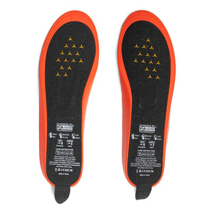 Mobile Warming heated insoles with printed care instructions and heat setting indicators