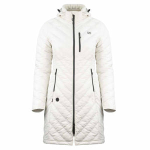 Off white quilted long hooded jacket with black zipper details and chest pocket