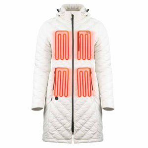White hooded heated jacket with four glowing orange heating element zones on the chest and waist