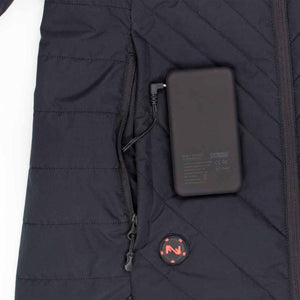 Black heated jacket with power bank connected in pocket