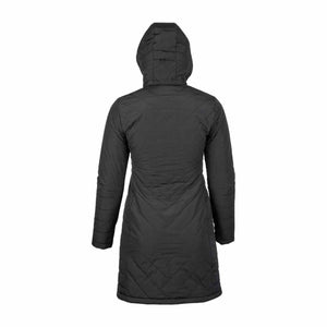 Back view of a black hooded quilted parka