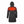 Back view of black hooded heated parka showing glowing red heating element on upper back