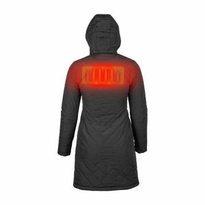 Back view of black hooded heated parka showing glowing red heating element on upper back