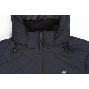 Close up of black quilted Mobile Warming jacket hood and zipper