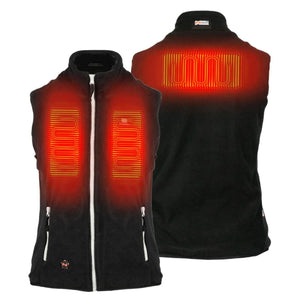 Mobile Warming black heated fleece vest showing front and back heating elements
