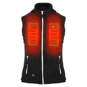 Mobile Warming black fleece vest with highlighted red heating elements on the chest