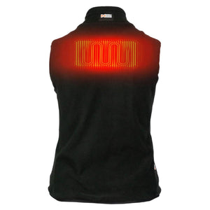 Back view of black Mobile Warming heated vest showing glowing red heating element on upper back