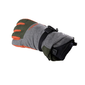 Fired Up X grey and olive green winter glove with orange accents and adjustable wrist strap