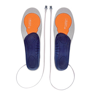 Therm-ic heated insoles with grey and blue base and orange forefoot heating elements