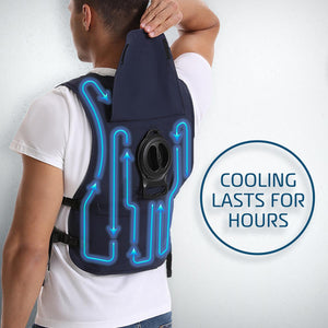AlphaCool cooling vest showing air circulation flow with text overlay cooling lasts for hours