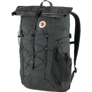 Fjallraven Abisko 25 roll top backpack in dark grey with front bungee cord and side mesh pockets