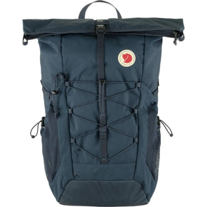 Fjallraven Abisko rolltop backpack in dark blue with front bungee cord system and side mesh pockets