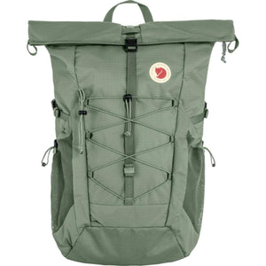 Fjallraven green roll top backpack with front bungee cord and mesh side pockets